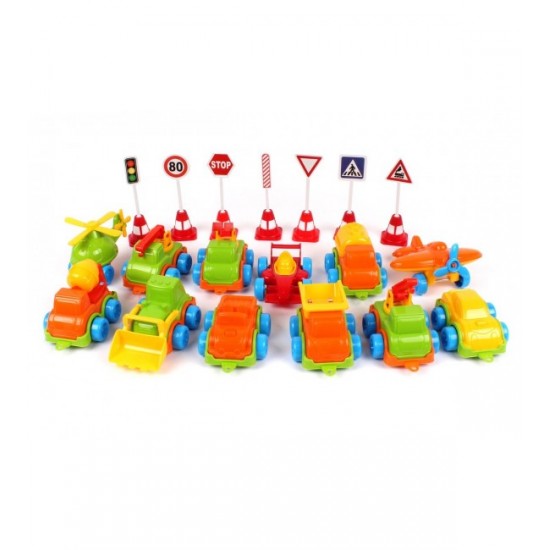 Komplekts no 12 mašīnām un ceļu zīmēm 05613 Komplekts no 12 mašīnām un ceļu zīmēm 05613